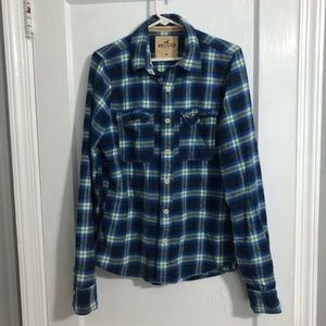 Hollister Flannel Button Down Green Blue Plaid Shirt size Medium
